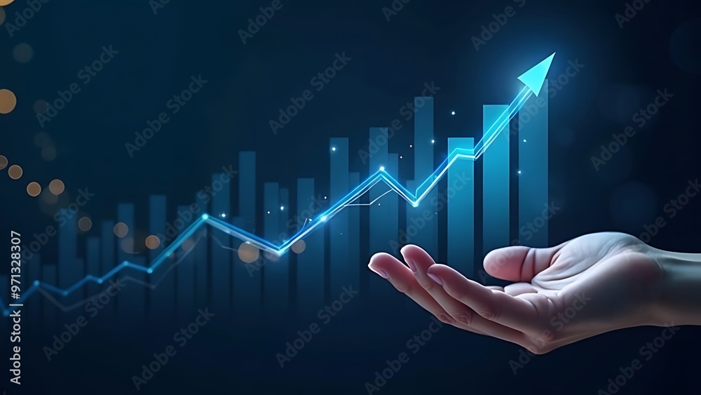 Hand holding a glowing upward arrow, symbolizing growth and success in ...