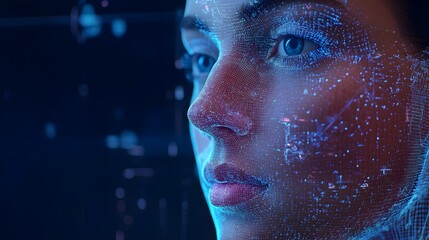 Poster - A digitized and futuristic female portrait featuring a face with glowing pixels,data streams,and an abstract techscape background,showcasing the power of intelligence,virtual environments.