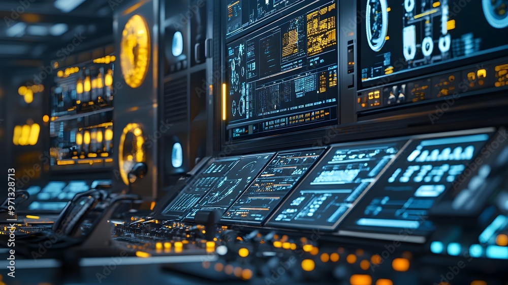 A futuristic digital control room filled with advanced technology ...