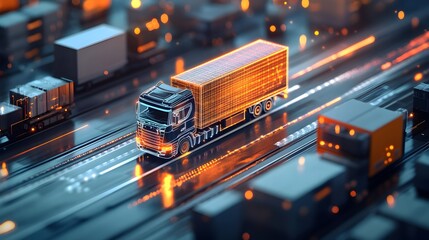 Poster - digitally rendered visualisation of a futuristic transportation and logistics network with autonomou