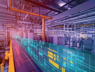 Poster - photograph of a modern,high-tech manufacturing facility featuring a vast industrial interior with vi