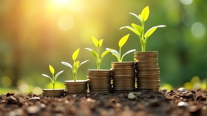 Wall Mural - Stacks of coins with young green plants growing, symbolizing investment and sustainable growth. Perfect for themes related to finance, ecology, and development.