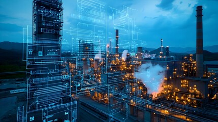 Poster - nighttime digital twin of a real-time industrial petrochemical refinery complex with illuminated sto