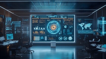 Poster - A sleek and modern AI-driven system dashboard featuring advanced data visualization and analytics tools,including interactive charts,graphs,maps,and global network monitoring displays.