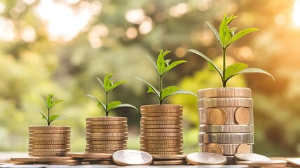 Wall Mural - Stacks of coins with young green plants growing, symbolizing investment and sustainable growth. Perfect for themes related to finance, ecology, and development.