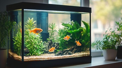 Aquarium with vibrant goldfish swimming among green plants near a window.