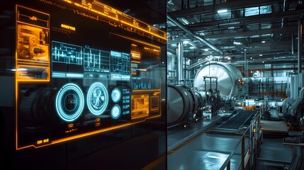 Poster - Futuristic virtual dashboard interface showcasing advanced data analytics and control systems for smart industrial automation and manufacturing processes.