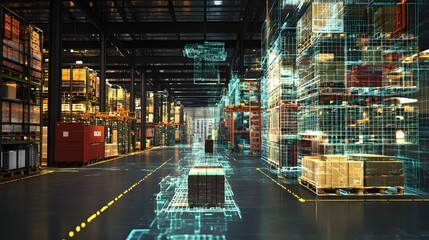 Poster - futuristic digital twin technology powering a highly automated and interconnected warehouse logistic