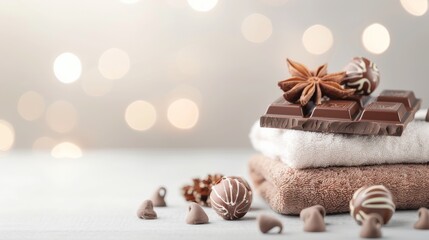 Cozy chocolate indulgence, soft towels stacked beneath rich chocolate pieces, adorned with aromatic spices and sweet truffles, inviting relaxation and indulgence.