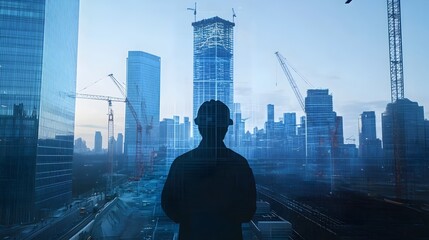 Poster - dramatic silhouetted cityscape with towering skyscrapers and construction cranes at the golden hour 