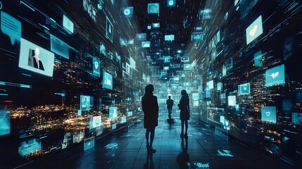 Poster - A futuristic digital cityscape with holographic projections,luminous data visualizations,and interactive multimedia displays. The scene depicts a highly advanced.