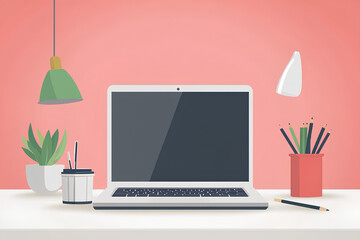 Poster - A minimalist workspace featuring a laptop, plants, and stationery on a light background.