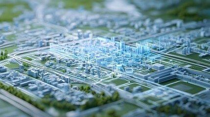 Poster - aerial view of a futuristic virtual twin city with modern,geometric high-rise buildings,digital infr