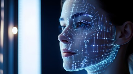 Poster - a digital rendering of a virtual cybernetic face scan interface with futuristic blue neon lighting,s