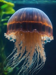 Wall Mural - Minimal shot of a jellyfish floating in a clear, blue-tinted aquarium with no other distractions
