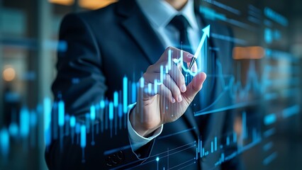 Wall Mural - business growth concept with hand touching rising digital graph on futuristic interface.