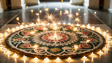 Wall Mural - Vibrant Flat Glossy Rangoli Background with Sparklers - High Angle Shot of Festive Design with Soft Diffused Light and Textured Detailing