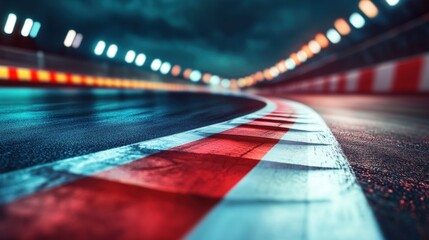 Finish line on a racetrack with glowing spotlights and motion blur creating a sense of speed and energy