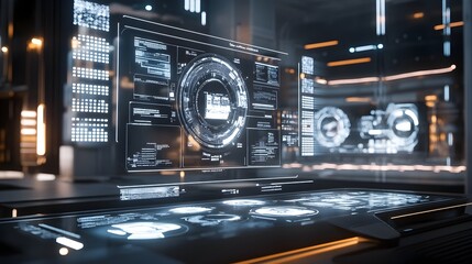 Poster - futuristic virtual interface with glowing data visualization panels,digital dashboard controls,and s