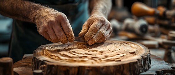 Wall Mural - Meticulous Craftsmanship A Skilled Artisan Meticulously Carving a Wooden Piece Showcasing the Precision and Dedicated Care Taken in Every Step of the Artisanal Creation Process