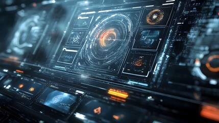 Poster - detailed view of a futuristic virtual interface with glowing holographic control panels,intricate da