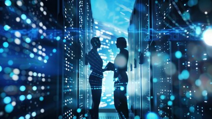 Two IT professionals standing in a server room, discussing a project