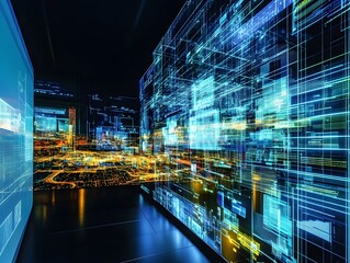 Poster - vibrant digital cityscape with futuristic architecture and glowing night lights - a visually strikin