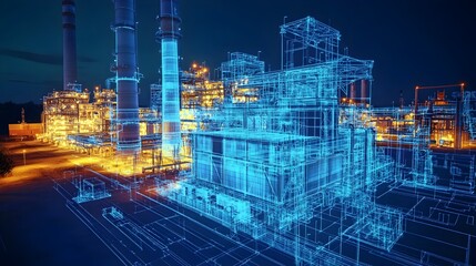 Poster - illuminated industrial complex with towering structures,pipelines,and machinery in a futuristic urba