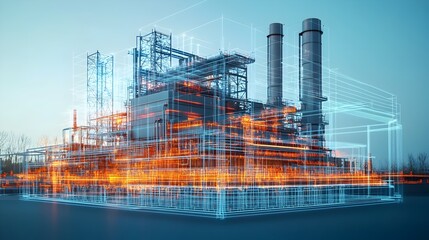 Poster - futuristic virtual 3d model of a modern industrial power plant or manufacturing facility with a comp