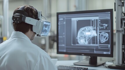 Poster - a virtual reality scene depicting a healthcare or research professional using advanced digital techn