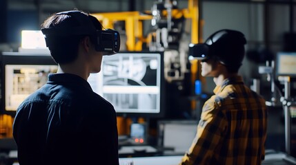 Poster - Two people wearing VR headsets and engaged in a virtual reality experience,navigating and interacting with a simulated,futuristic digital environment filled with nature,adventure,and innovation.
