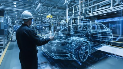 Poster - a futuristic virtual 3d model of an automotive concept displayed in a modern factory workspace,showc