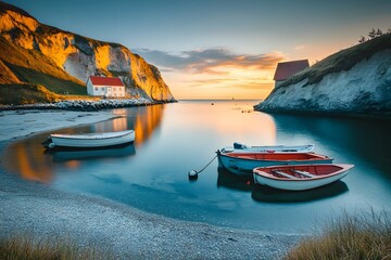 Tranquil bay with three boats at sunrise and a white house on the cliffside.