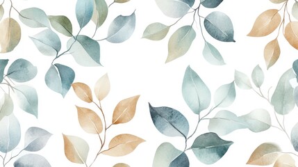 Wall Mural - Soft watercolor leaves in green, blue, light brown, and gray forming an elegant, seamless design on a white backdrop