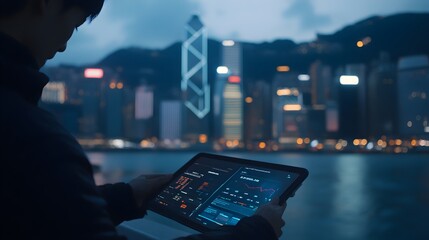 Poster - ai-powered financial analytics and data visualization shown on digital tablet device against the bac