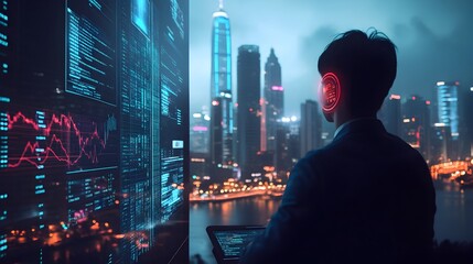 Poster - Futuristic Cityscape Illuminated at Night with Intelligence-Powered Financial Analytics and Trading Displayed on Digital Screens and Dashboards