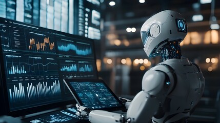 Poster - a photograph showcasing an ai-powered financial robot monitoring and analyzing real-time market data
