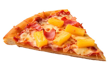 One single piece Hawaiian pizza slice with pineapple and ham isolated on transparent background PNG cutout