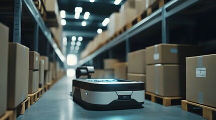 Poster - automated robotic system efficiently sorting and organizing packages in a high-tech warehouse or dis