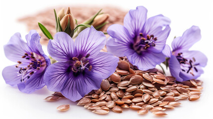 Flax seeds with flower isolated on white background. Concept of organic and vitamin oil.