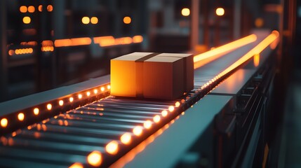 Poster - automated warehouse system with conveyor belts transporting various boxes and goods for efficient lo