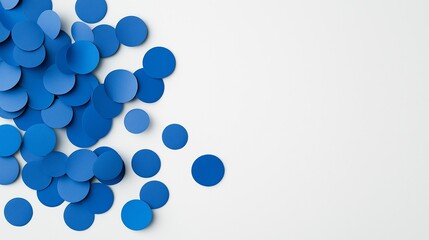 Poster - A blue pile of paper circles on a white background. The blue circles are scattered in various sizes and shapes, creating a sense of movement and energy