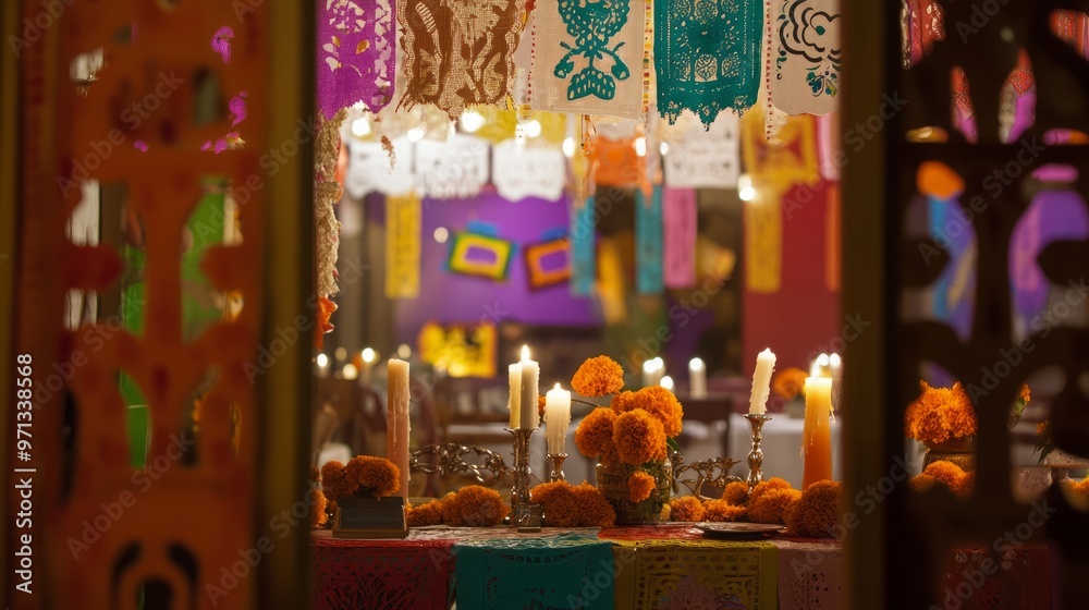 Vibrant dia de los muertos altar with marigolds and papel picado ...