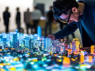 Poster - aerial view of a highly detailed,illuminated,and futuristic urban cityscape model used for urban pla