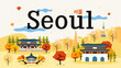 © Farosofa - Seoul (written in Korean character) poster vector illustration. Autumn landscape with Korea attractions. postcard design