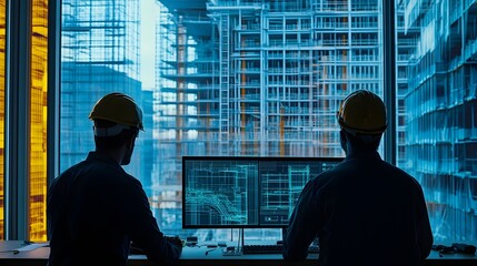 Poster - two engineers examining architectural blueprints and digital data on computer screens in an urban of