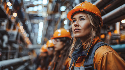 Wall Mural - Worker woman uniform industrial plant, makes survey, checking equipment against