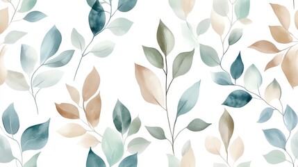 Wall Mural - Subtle, nature-inspired seamless pattern with watercolor leaves in green, blue, light brown, and gray on a pure white background