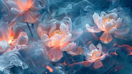 Poster - Ethereal and dreamlike abstract glowing flowers surrounded by swirling smoke. Vibrant hues and delicate textures blend harmoniously for an artistic, fantasy feel