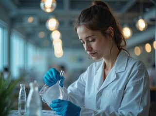 A focused young woman scientist conducting chemical experiments in modern laboratory